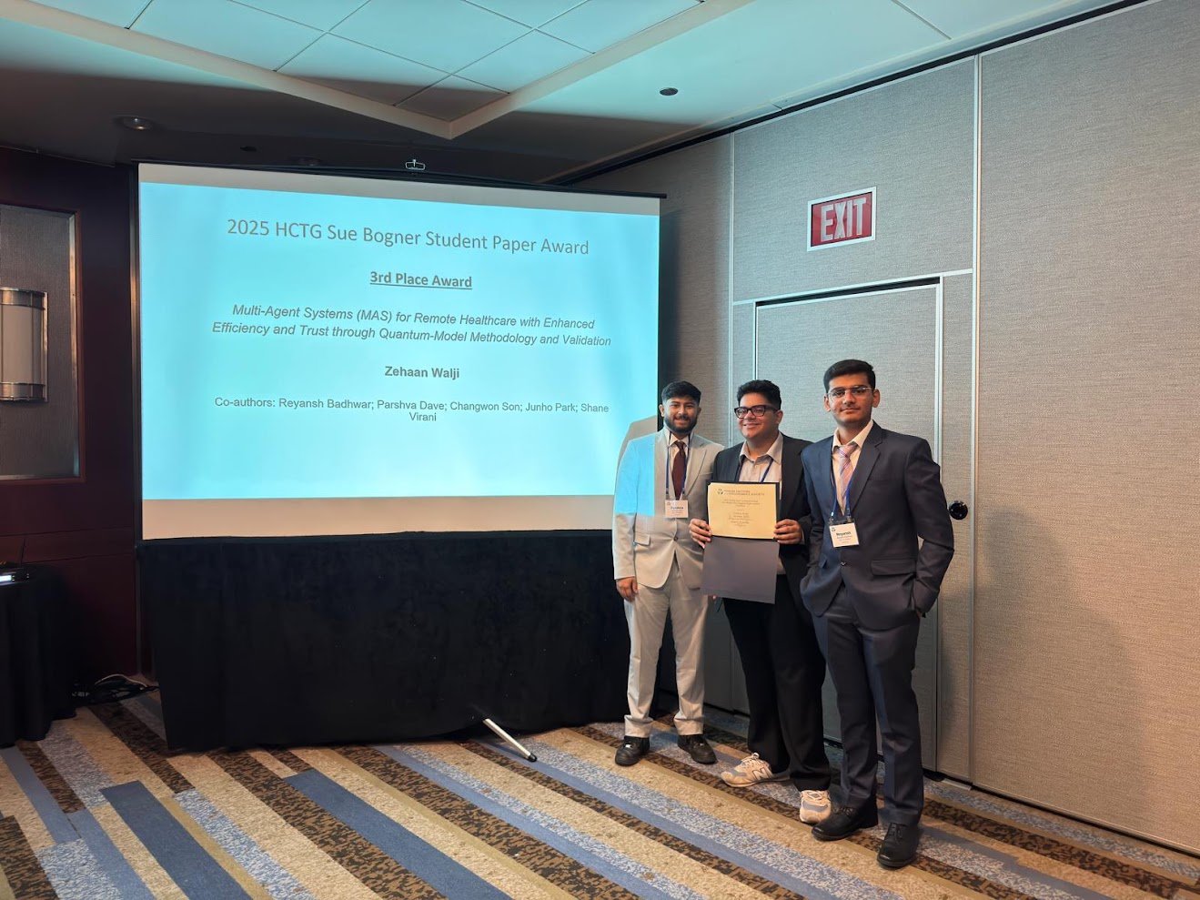 Zehaan Walji, Reyansh Badhwar and Parshva Dave with the 2025 HFES Sue Bogner Student Paper Award, 3rd place